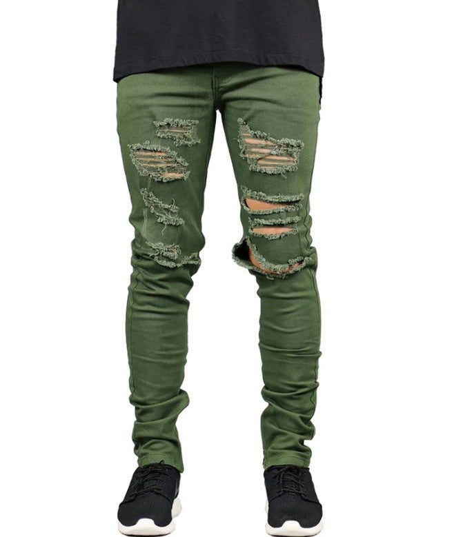 Ripped Army Green Men's Jeans with Trendy Zipper Design