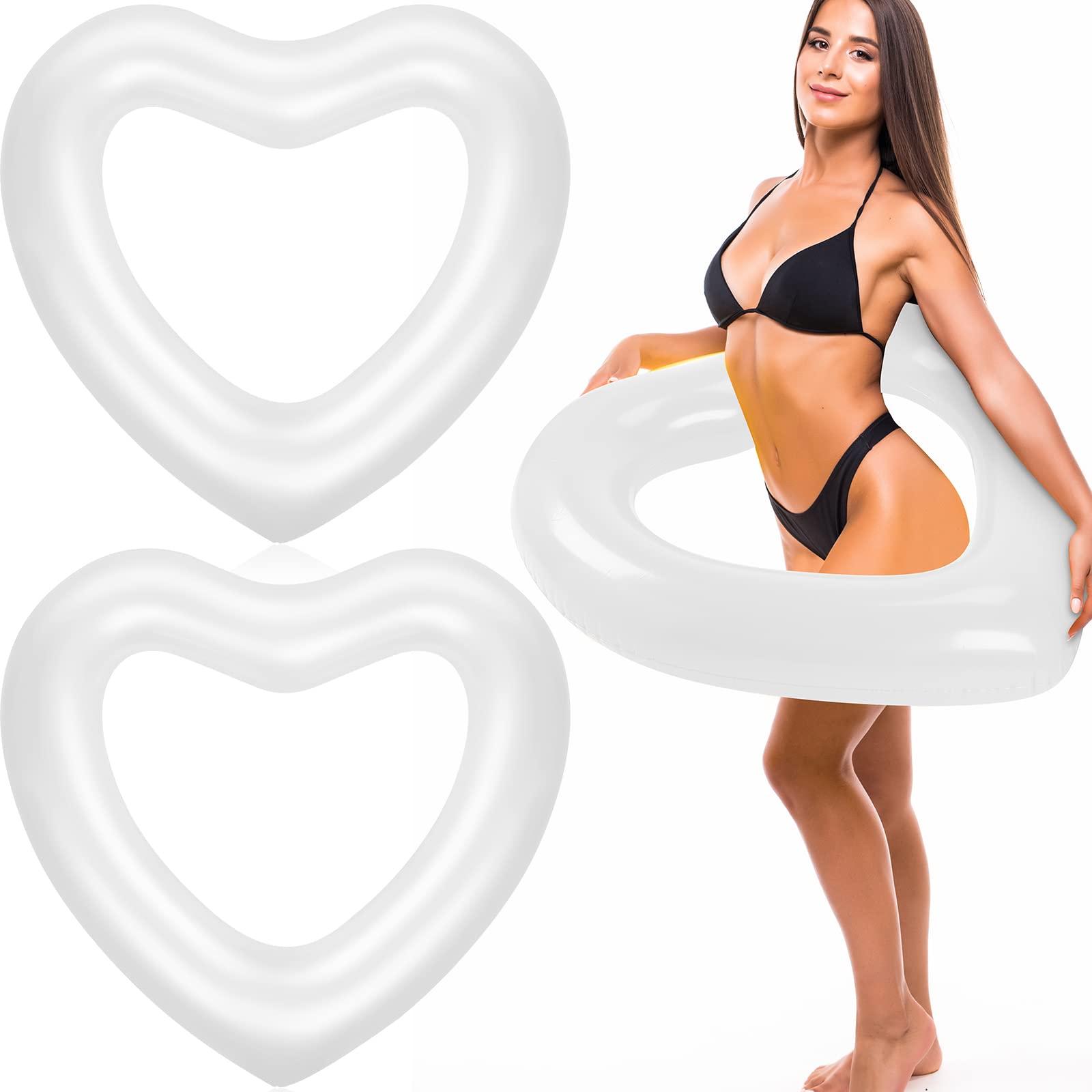 Junkin 47.3 x 39.4 Inch White Heart Pool Float Inflatable Swim Float Water Ring Bachelorette Pool Float Loungers Tube Swimming Pool Float for Engagement Wedding Summer Beach Party(2 Pcs)