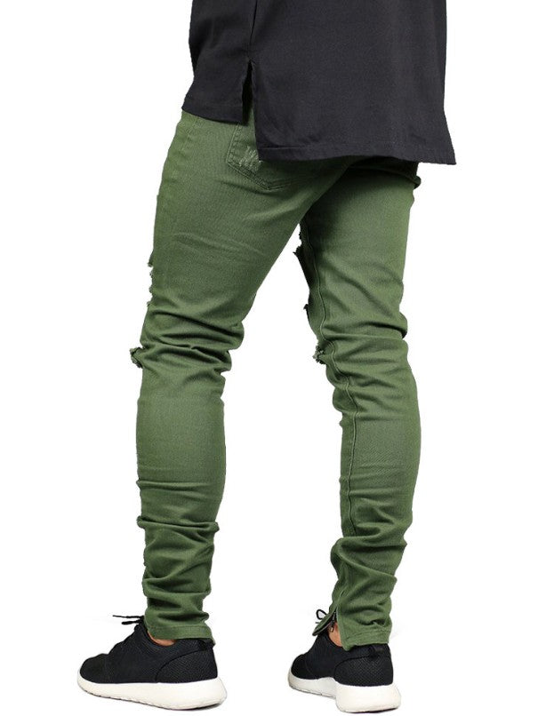 Ripped Army Green Men's Jeans with Trendy Zipper Design