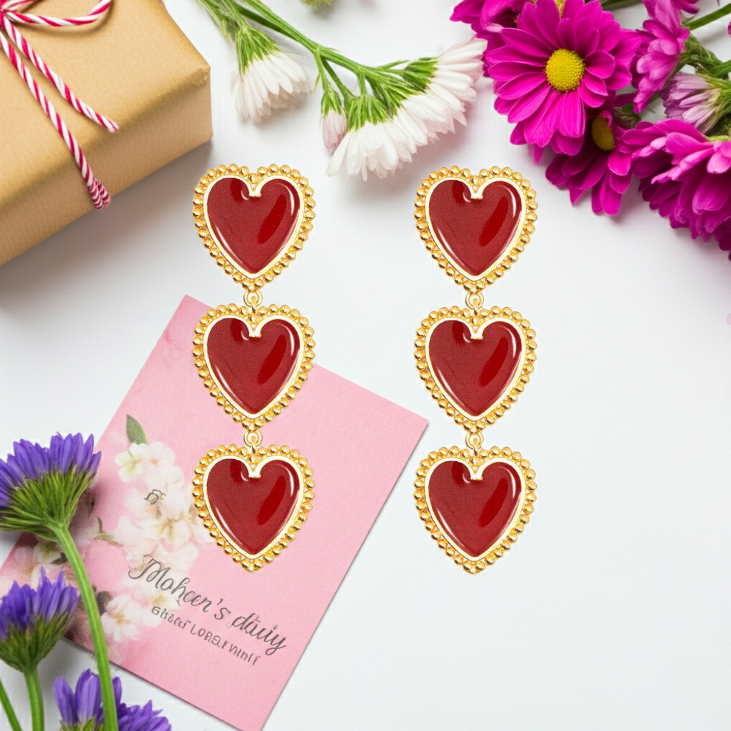 3 Red Hearts Earrings
