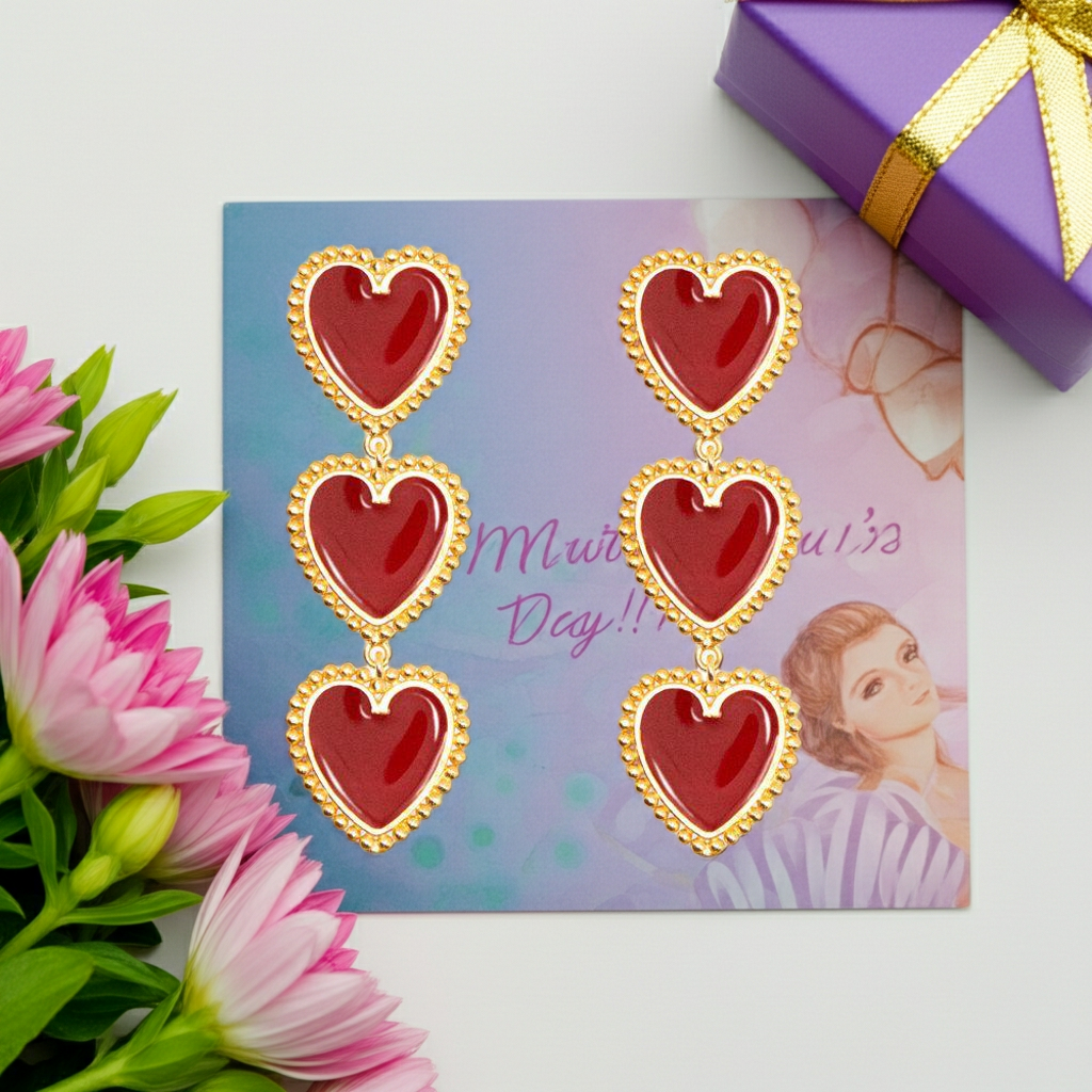 3 Red Hearts Earrings