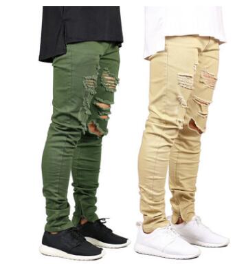 Ripped Army Green Men's Jeans with Trendy Zipper Design