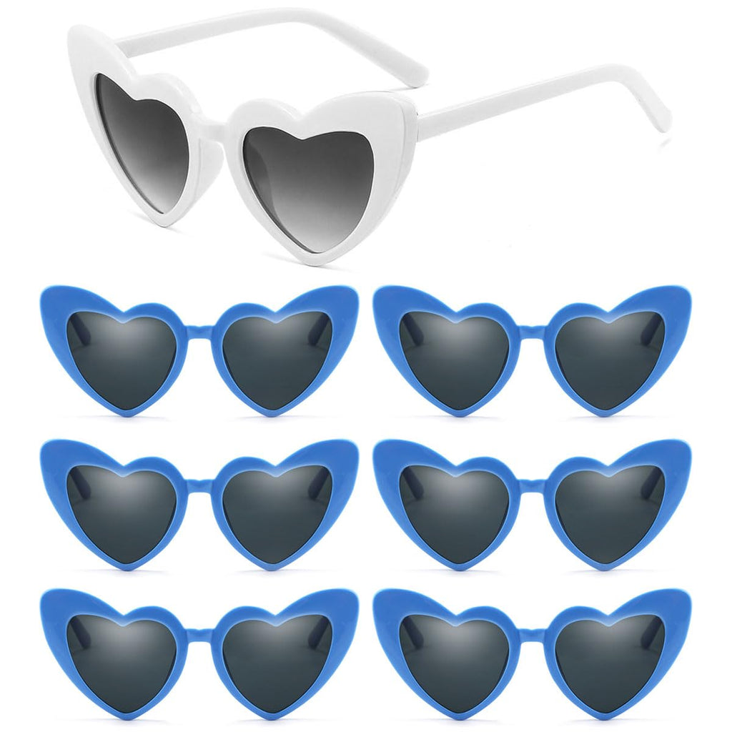 YooThink 7 Pcs Love Heart Shaped Sunglasses Bachelorette Party Sunglasses Bridesmaid Bride Heart Sunglasses (White& Azure)