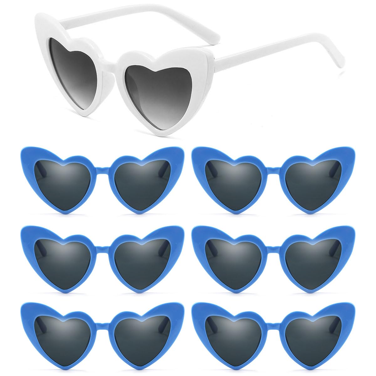 YooThink 7 Pcs Love Heart Shaped Sunglasses Bachelorette Party Sunglasses Bridesmaid Bride Heart Sunglasses (White& Azure)