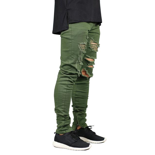 Ripped Army Green Men's Jeans with Trendy Zipper Design