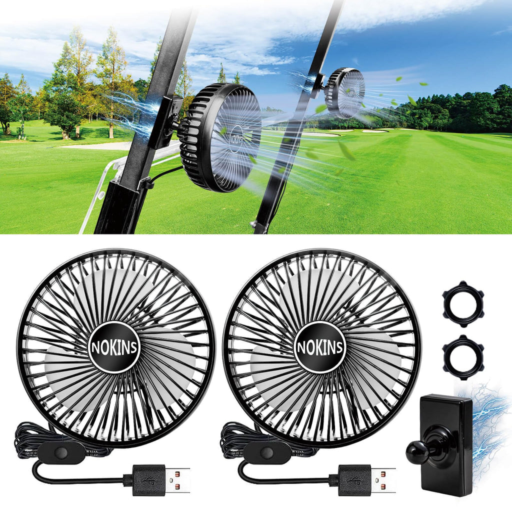 NOKINS 2 PCS Golf Cart Fan Portable Magnetic Fans for Golf Cart EZGO Club Car Yamaha Low Noise Designed and 3-speed Settings 360° Rotatable with Magnetic Mount Base&USB Input